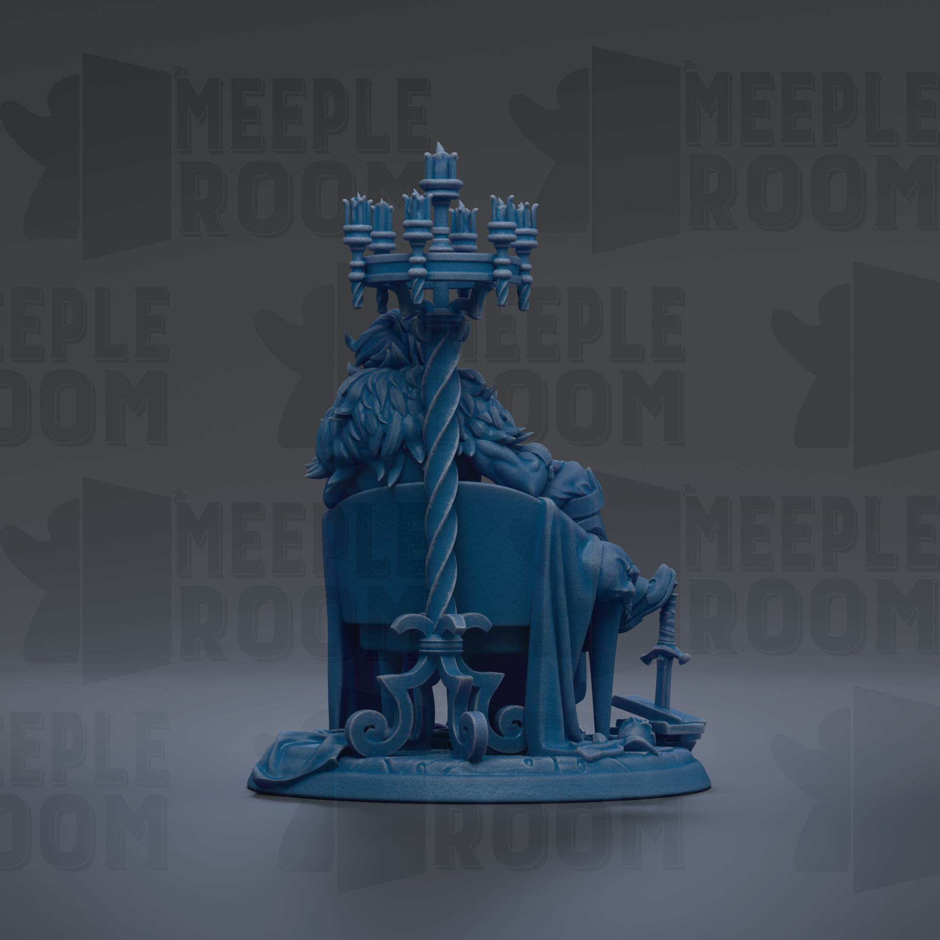 A blue statue of a person sitting on a throne, with a large chandelier above them.