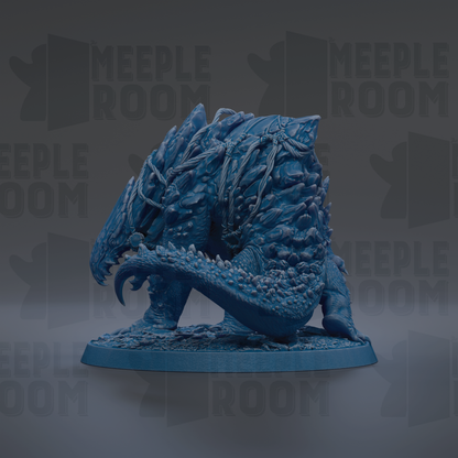 A blue, 3D-rendered creature resembling a dragon or serpent, with intricate details and textures, is displayed against a dark background with repeated text.