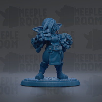 A blue figurine of a character with a large head and multiple arms, standing on a platform.