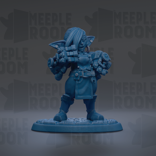 A blue figurine of a character with a large head and multiple arms, standing on a platform.