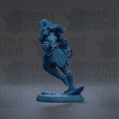 A blue figurine of a person with long hair and a flowing skirt, standing on a platform and holding a chain.