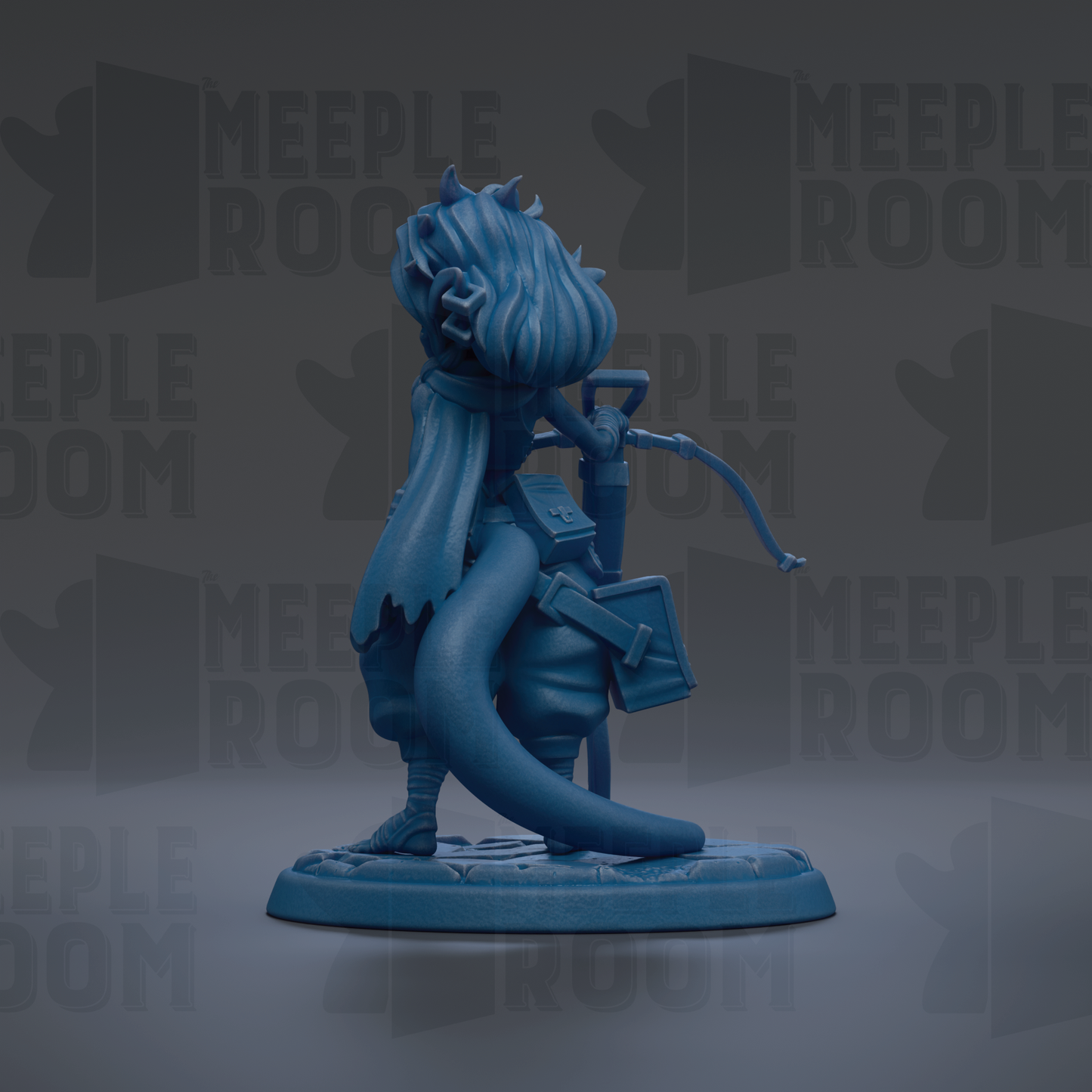 A blue figurine of a character with a long tail, standing on a base and holding a bow and arrow.