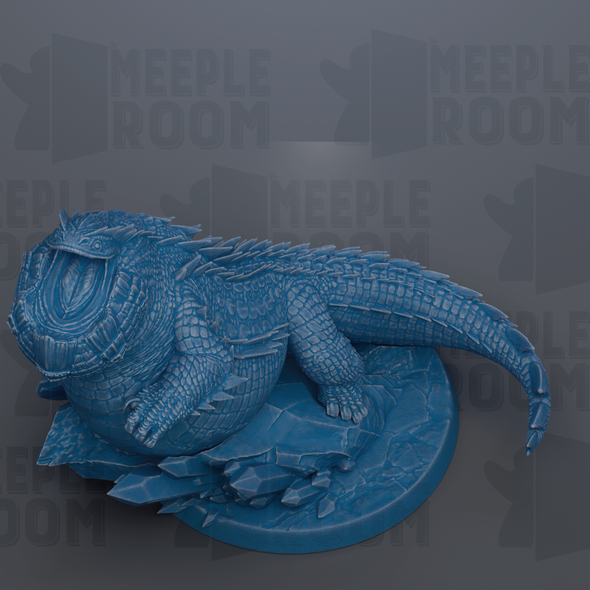 A 3D rendering of a blue, fantastical creature resembling a dragon or alligator, sitting on a blue base with a cracked surface.