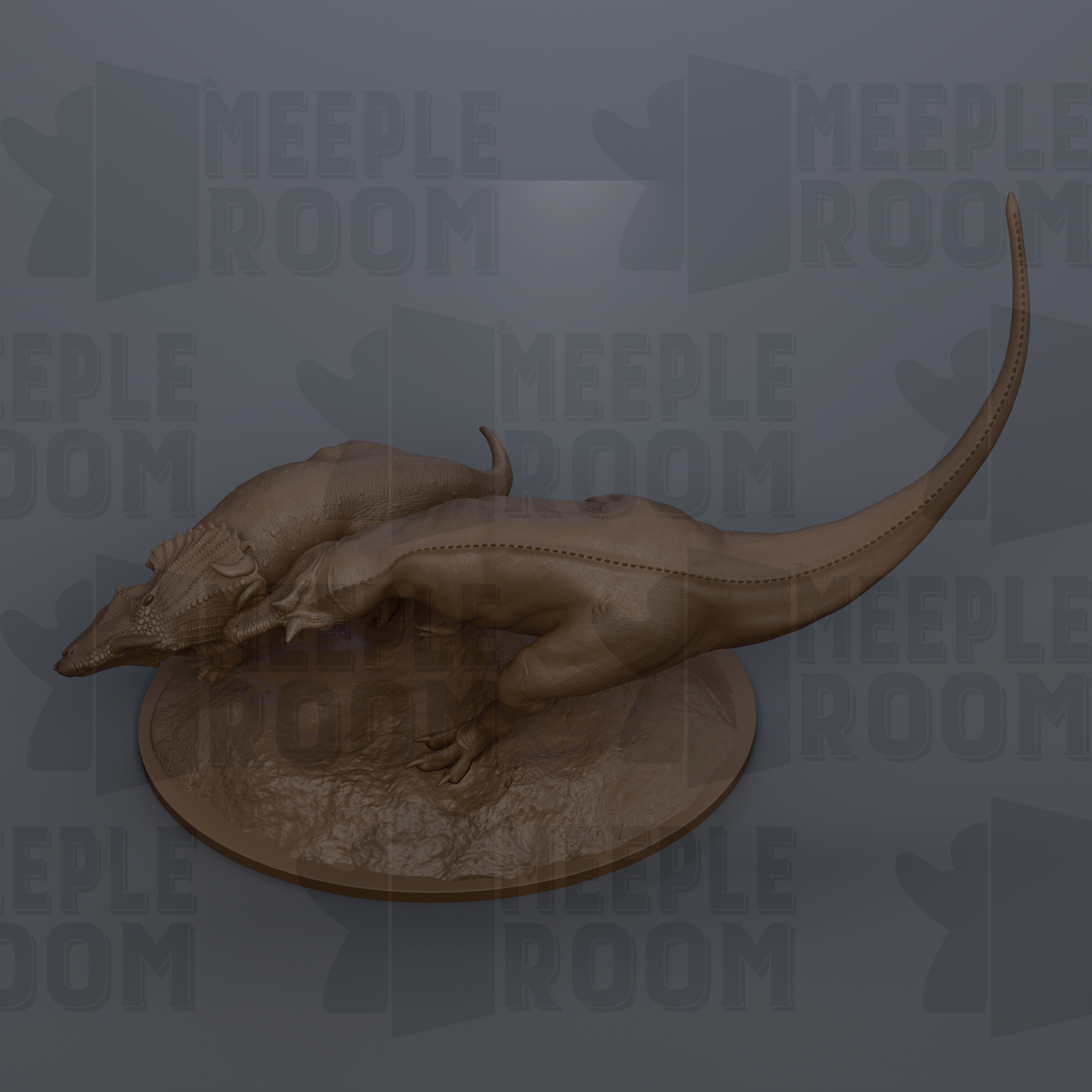 A 3D rendering of a dinosaur statue, possibly a T-Rex, sitting on a circular base. The background is a dark gray color, and there are repeated instances of the text "MEUPLE ROOM" in the background.