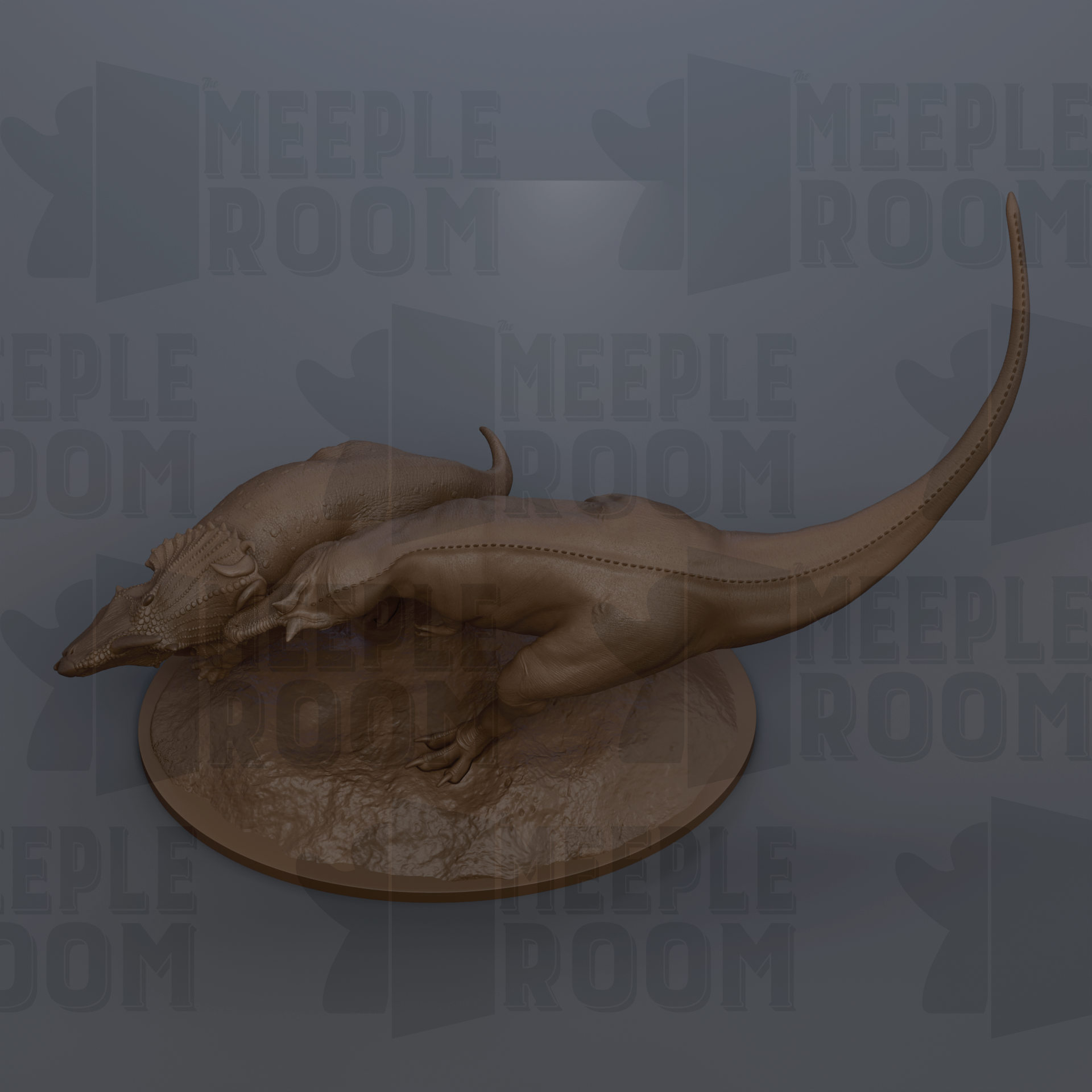 A 3D rendering of a dinosaur statue, possibly a T-Rex, sitting on a circular base. The background is a dark gray color, and there are repeated instances of the text "MEUPLE ROOM" in the background.
