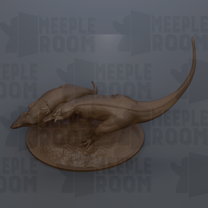 A 3D rendering of a dinosaur statue, possibly a T-Rex, sitting on a circular base. The background is a dark gray color, and there are repeated instances of the text "MEUPLE ROOM" in the background.
