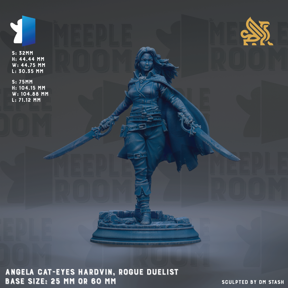a statue of a female character with a sword, wearing a cape and standing on a pedestal. The statue is of Angela Cat-Eyes Hardvin, Rogue Duelist, and is made of a material that appears to be bronze. The statue is of a base size of 25mm or 60mm.