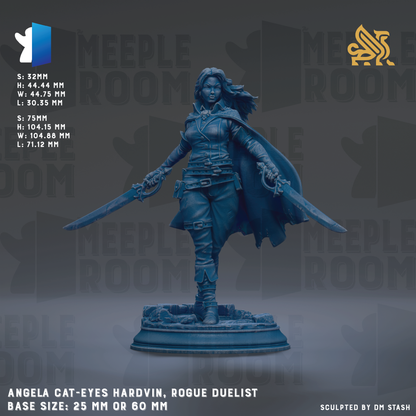 a statue of a female character with a sword, wearing a cape and standing on a pedestal. The statue is of Angela Cat-Eyes Hardvin, Rogue Duelist, and is made of a material that appears to be bronze. The statue is of a base size of 25mm or 60mm.