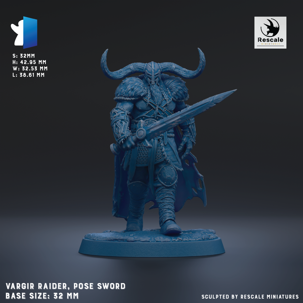 a figurine of a warrior, specifically a Vargir RAIDER, posed with a sword. The figurine is shown in a standing position, with a large sword in its hand. The base size of the figurine is 22mm.