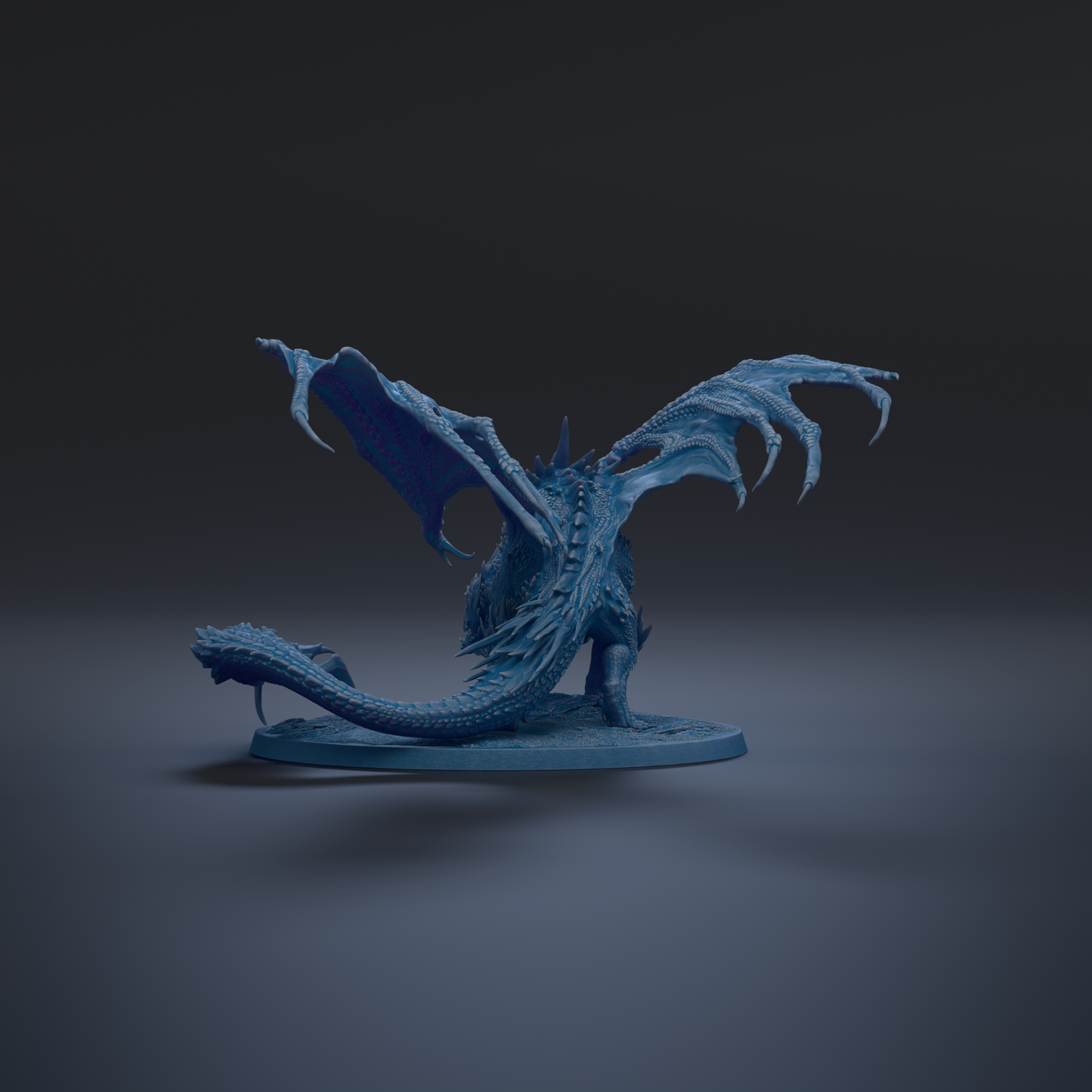 A blue dragon figurine with outstretched wings is shown against a dark background.