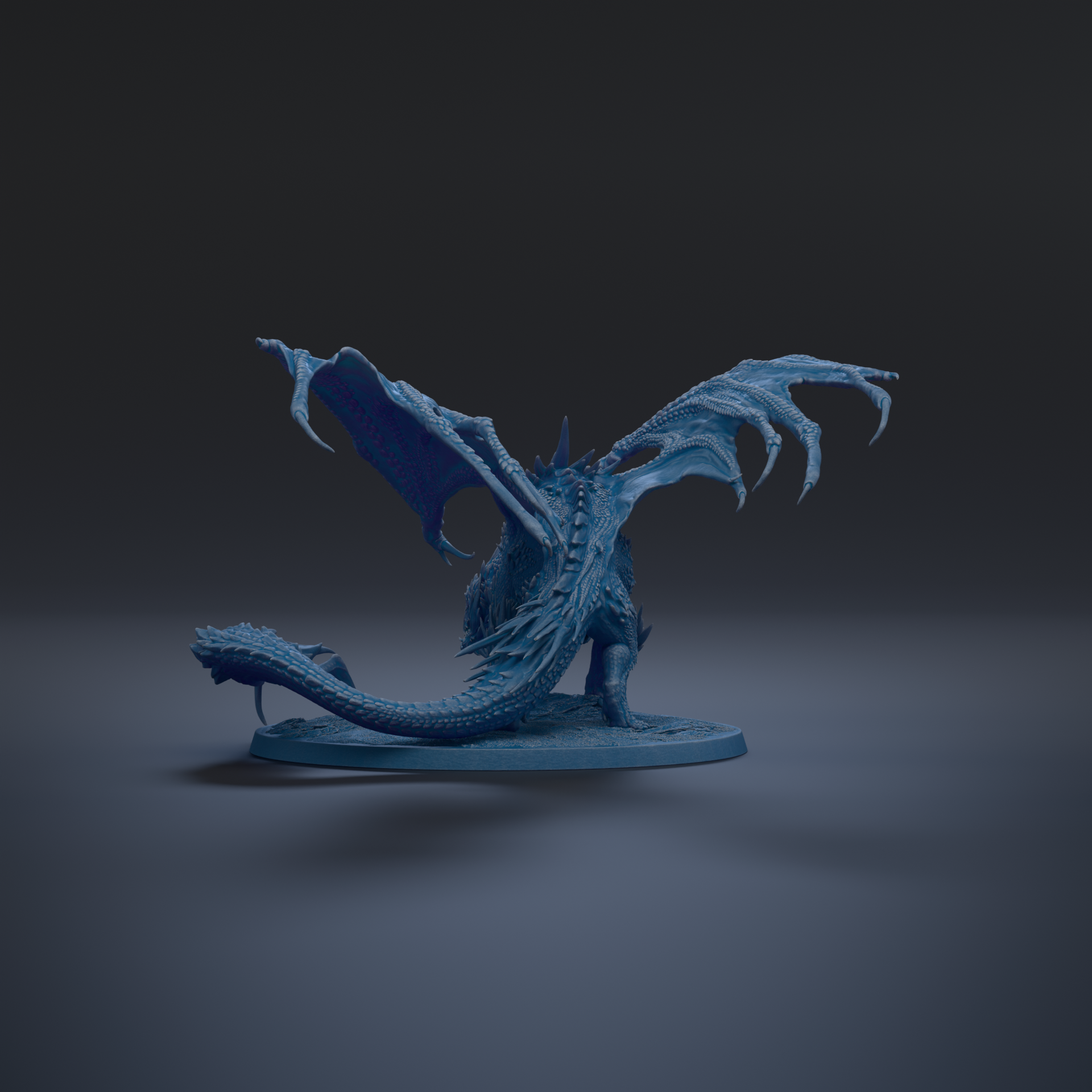 A blue dragon figurine with outstretched wings is shown against a dark background.