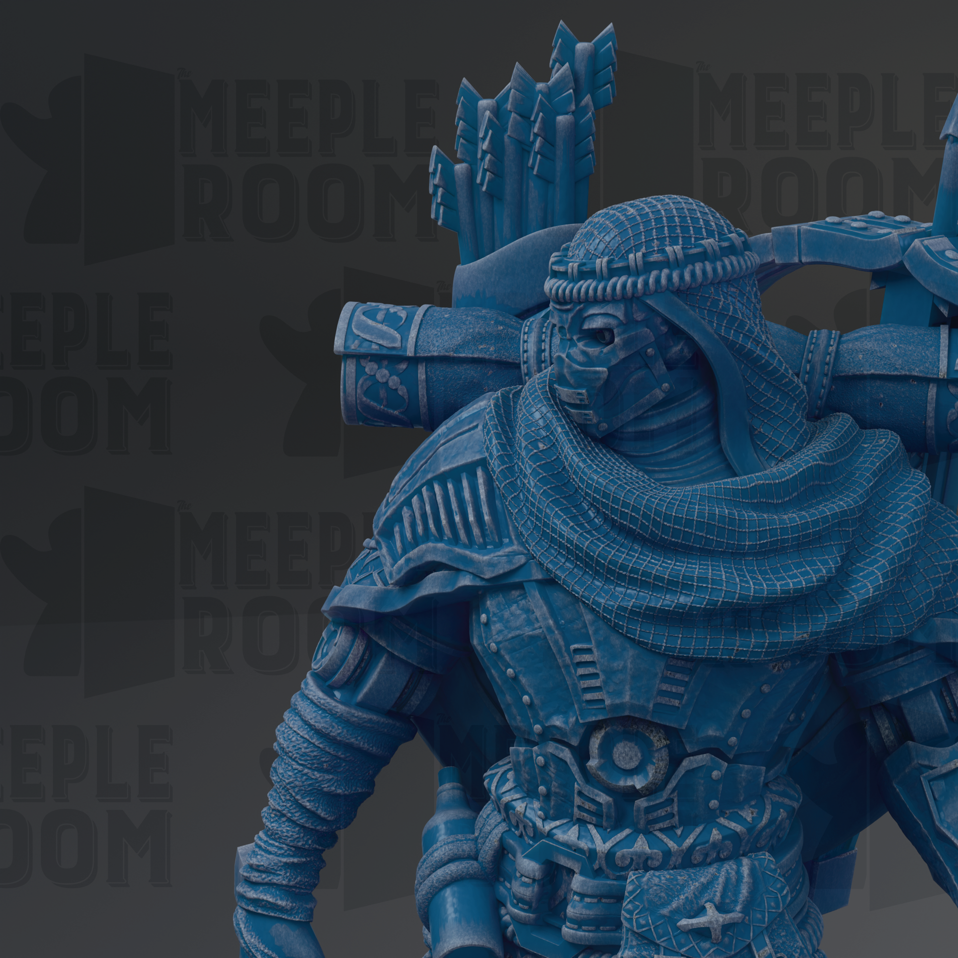 A detailed 3D rendering of a blue armored figure, possibly a warrior or knight, with intricate armor and weapons. The figure is standing in a dark background, which emphasizes its imposing presence.