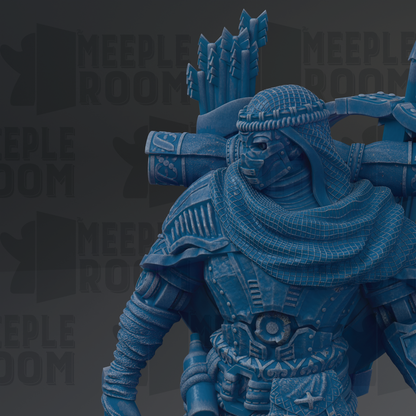 A detailed 3D rendering of a blue armored figure, possibly a warrior or knight, with intricate armor and weapons. The figure is standing in a dark background, which emphasizes its imposing presence.