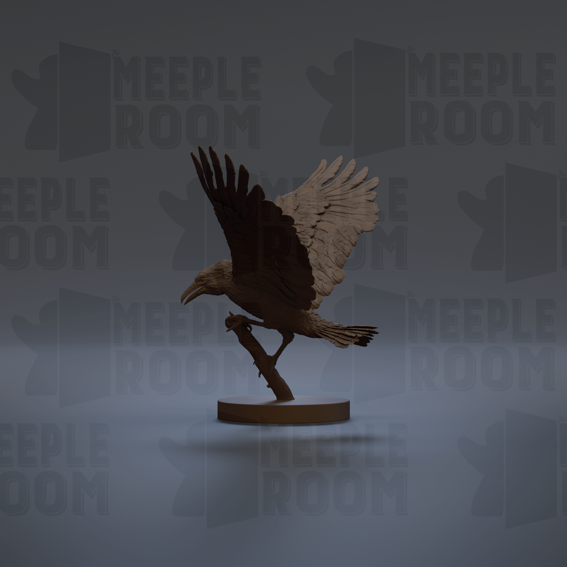 A 3D rendering of a bird in flight, possibly a crow, with its wings spread wide. The bird is perched on a branch, and the background is a dark gray color with the word "MEIPLE ROOM" repeated multiple times.