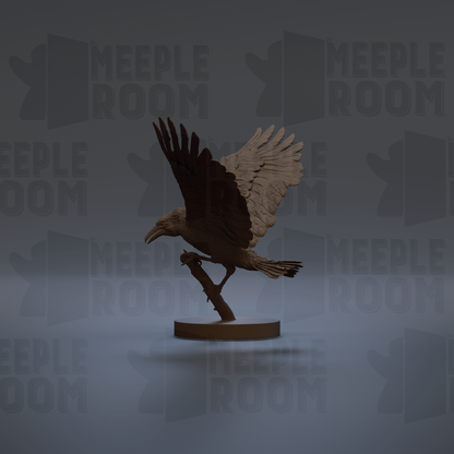 A 3D rendering of a bird in flight, possibly a crow, with its wings spread wide. The bird is perched on a branch, and the background is a dark gray color with the word "MEIPLE ROOM" repeated multiple times.