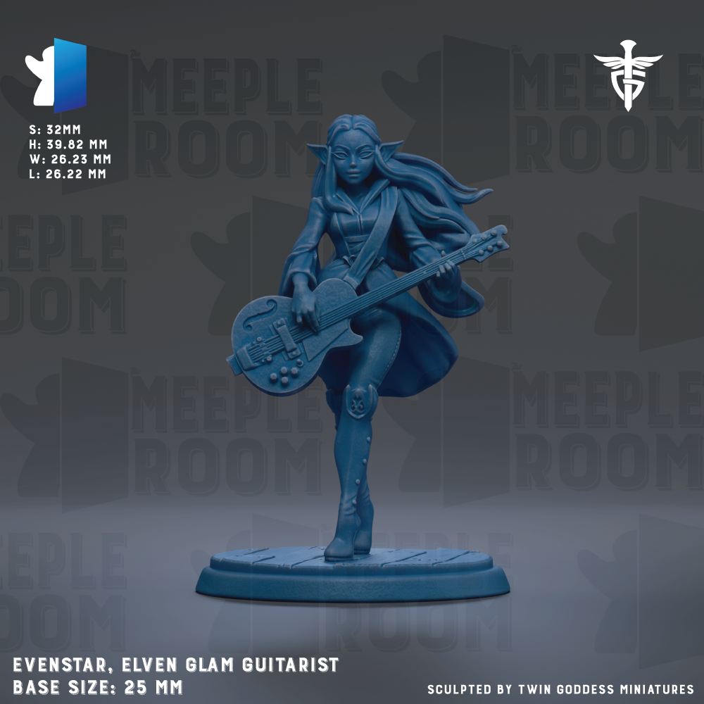 a blue figurine of a female guitarist, specifically the character Evenstar, the Elven Glam Guitarist, who is shown playing a guitar. The figurine is standing on a base and is described as a 25mm figurine. The background of the image is a dark gray color, and there is text that reads "MELLOW ROOM" repeated multiple times throughout the image.