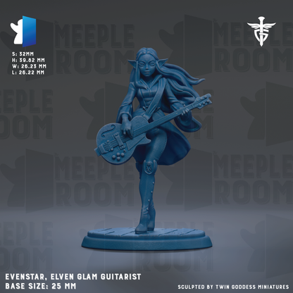 a blue figurine of a female guitarist, specifically the character Evenstar, the Elven Glam Guitarist, who is shown playing a guitar. The figurine is standing on a base and is described as a 25mm figurine. The background of the image is a dark gray color, and there is text that reads "MELLOW ROOM" repeated multiple times throughout the image.