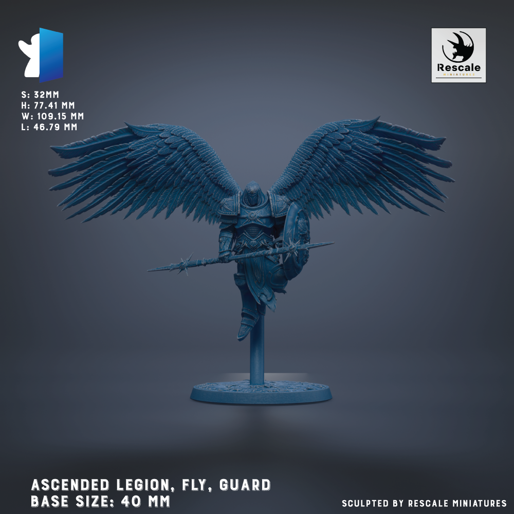 a winged guardian figure with a shield, standing on a base and holding a spear. The guardian appears to be an angel or deity, with large wings and a protective stance. The image is a 3D rendering of a guardian figure, and the base sizes are 40 mm.