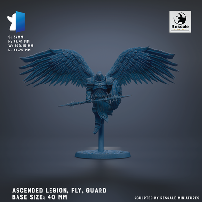 a winged guardian figure with a shield, standing on a base and holding a spear. The guardian appears to be an angel or deity, with large wings and a protective stance. The image is a 3D rendering of a guardian figure, and the base sizes are 40 mm.