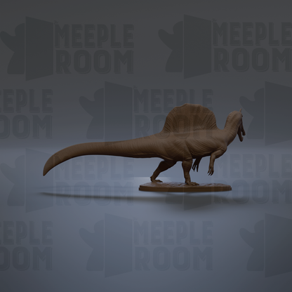 A 3D model of a Spinosaurus dinosaur is displayed against a gray background with repeated text.