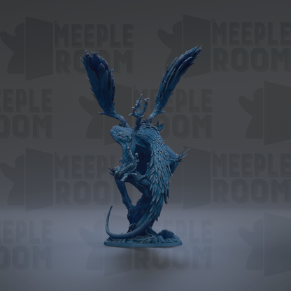 A blue dragon statue with outstretched wings stands prominently against a dark background with repeated "MEIPLLE ROOM" text.