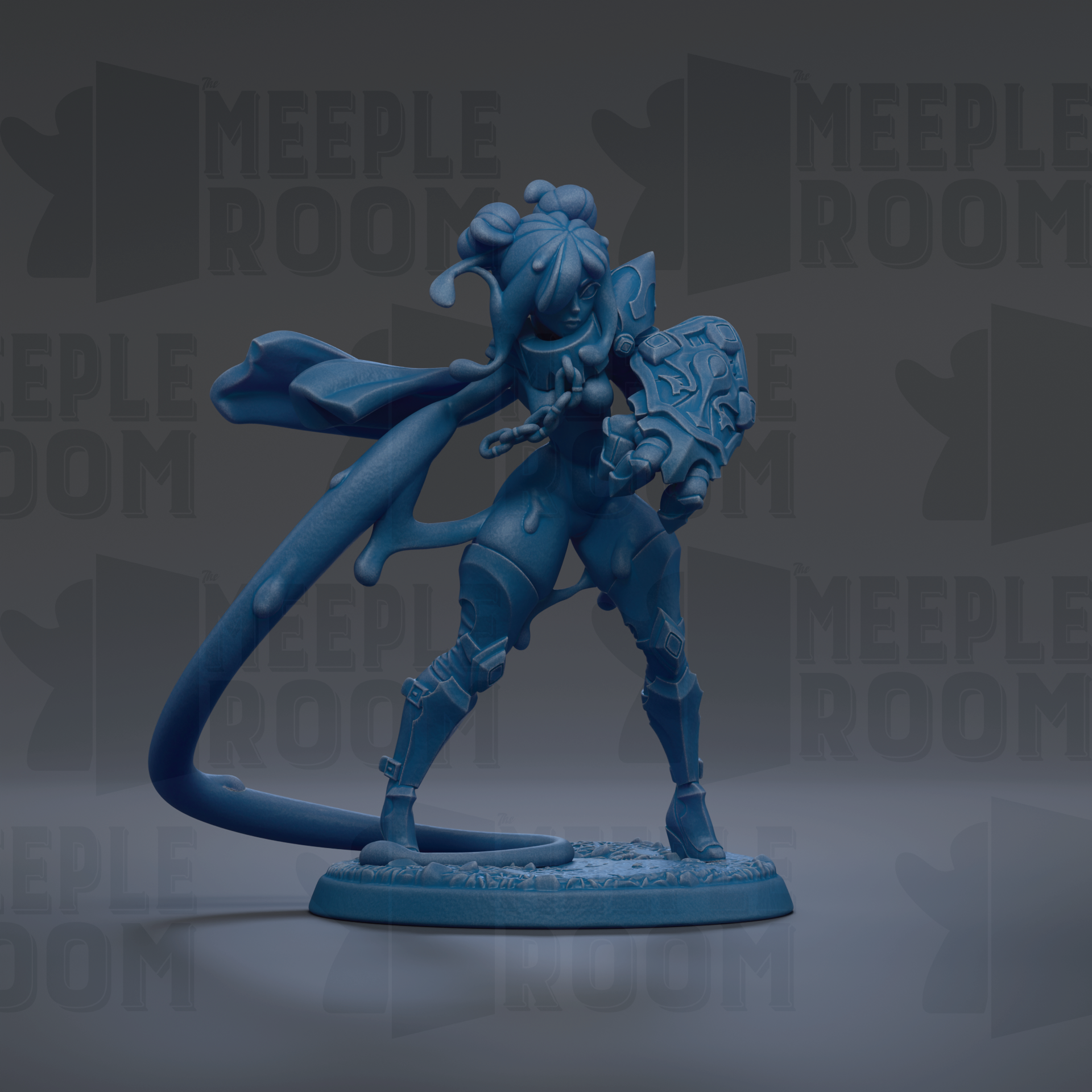 A blue figurine of a female character with a flowing cape and a shield, standing on a base.