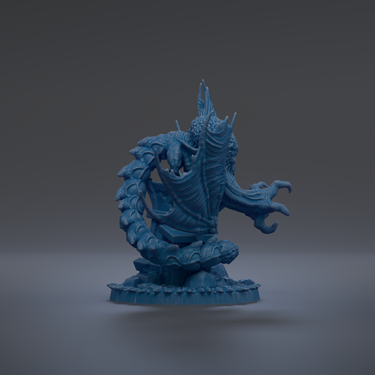 A 3D rendering of a blue, fantastical creature with a large head and long, curved body, standing on a base.