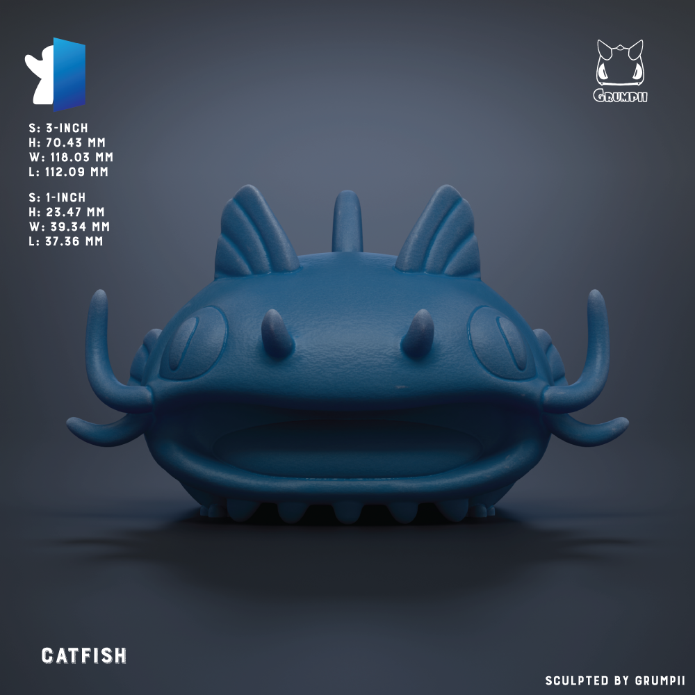 A 3D rendering of a blue catfish sculpture with a textured surface and pointed fins.