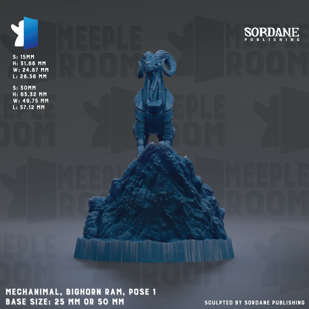 a mechanical bighorn ram statue, with a base size of either 25 mm or 50 mm, standing on a rocky outcrop.