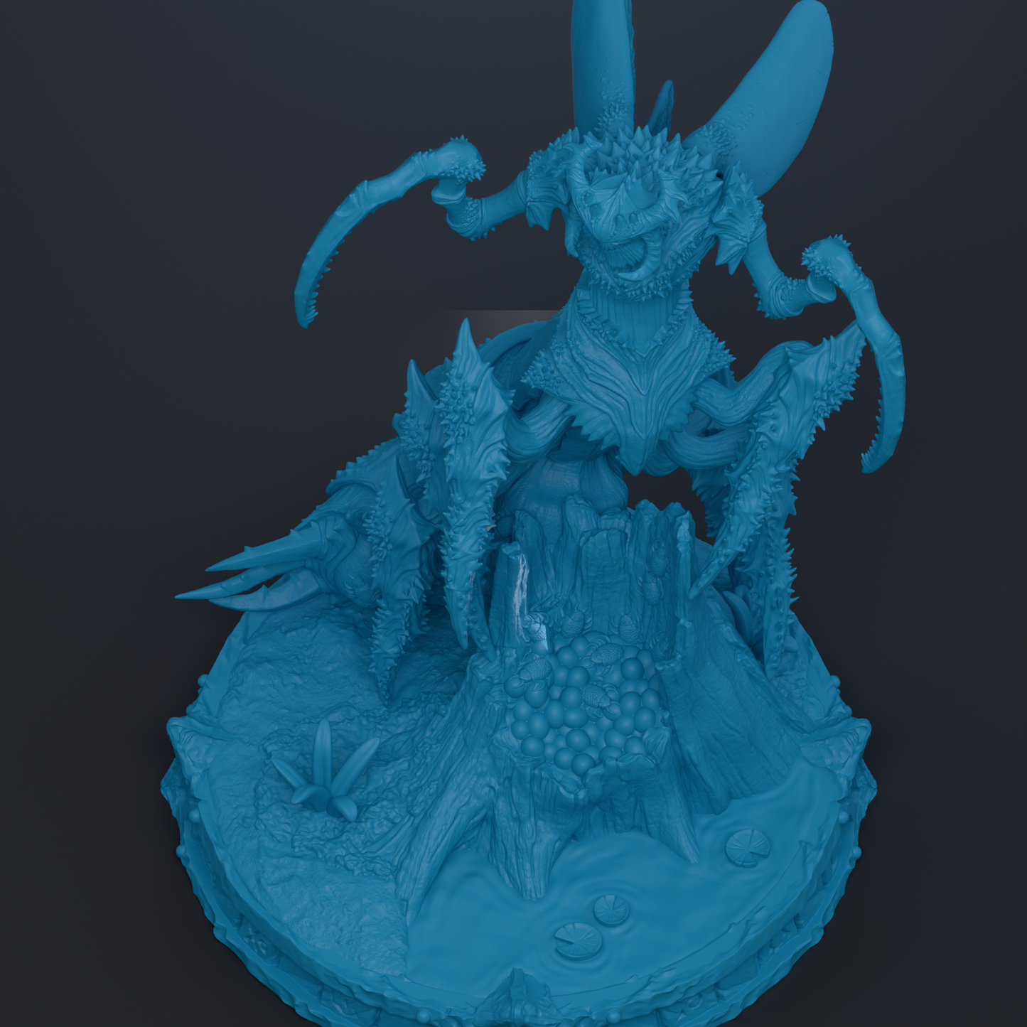 A detailed 3D rendering of a fantastical creature, possibly a dragon or insect, with intricate textures and features. The creature appears to be standing on a rocky surface, surrounded by various organic elements such as plants and rocks. The image is predominantly blue in color, giving it a surreal and otherworldly appearance.