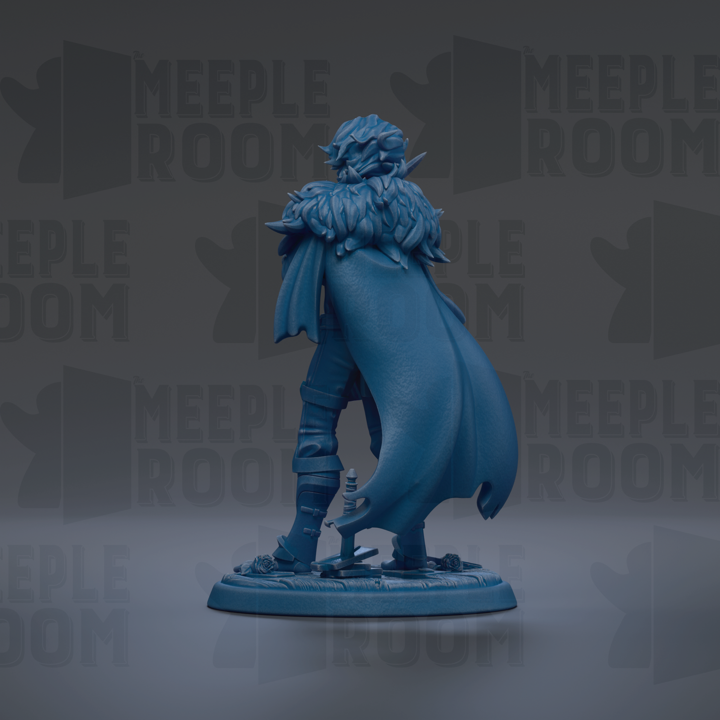 A blue figurine of a person standing on a base, with a cape and a sword in hand.