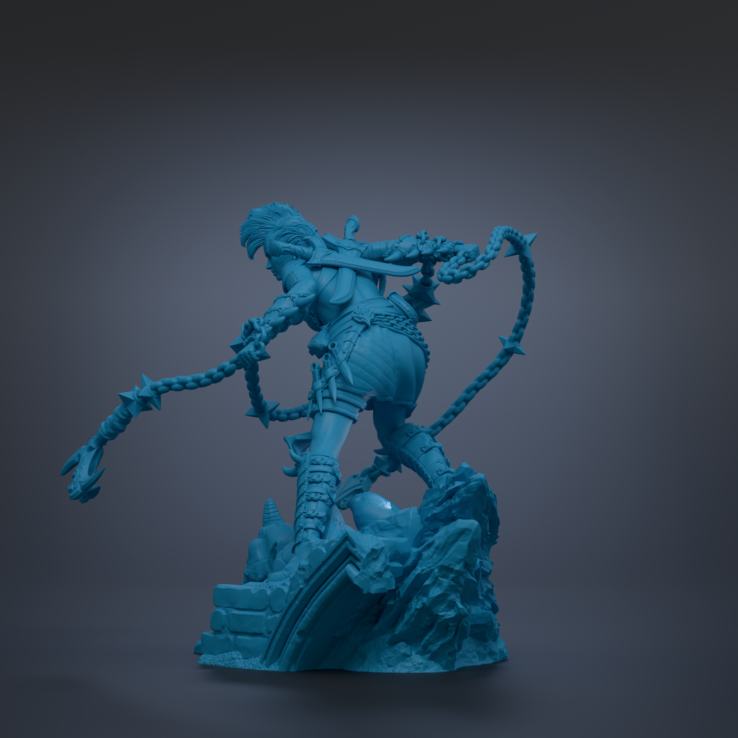 A blue 3D model of a warrior figure with a chain around its neck, standing on a rocky surface.