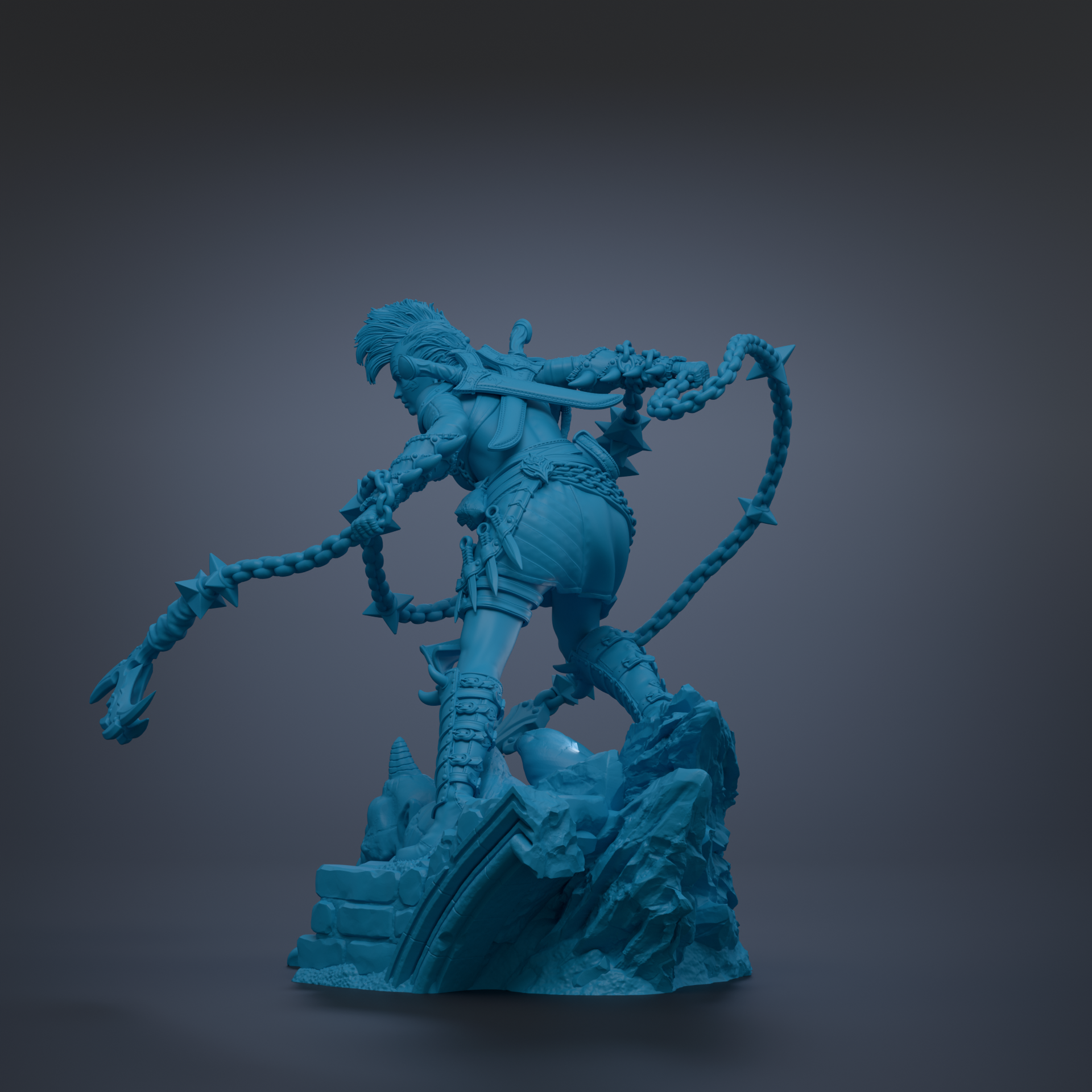 A blue 3D model of a warrior figure with a chain around its neck, standing on a rocky surface.