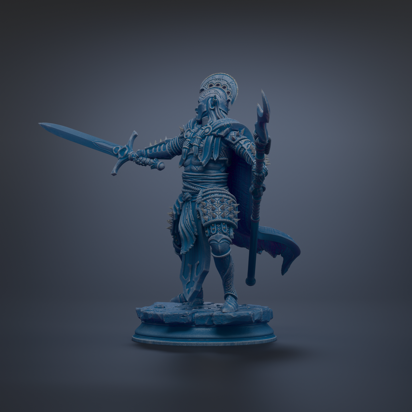 A detailed 3D model of a warrior figure, standing in a fighting stance and holding a sword and shield.