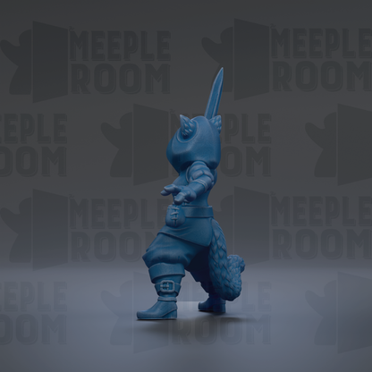 A blue figurine of a character with a pointed hat and sword stands against a dark background with repeated text.