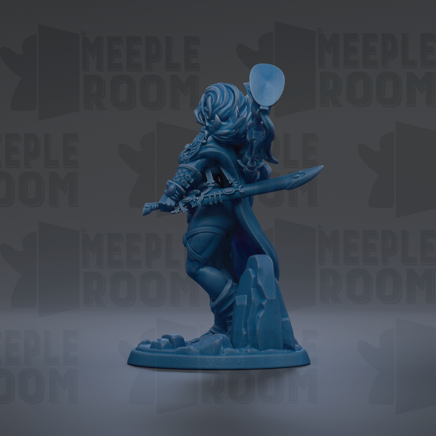 A blue figurine of a warrior standing on a rock, holding a sword and shield, against a dark background with repeated text.