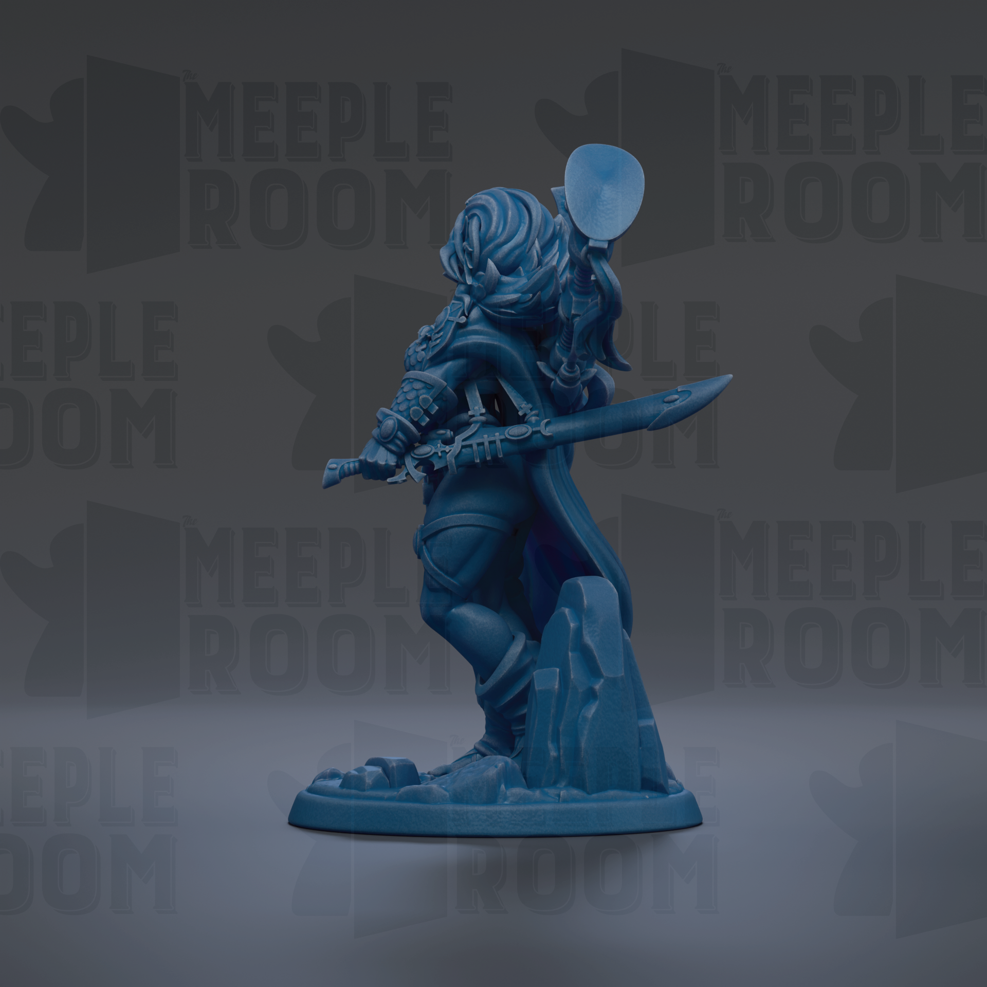 A blue figurine of a warrior standing on a rock, holding a sword and shield, against a dark background with repeated text.