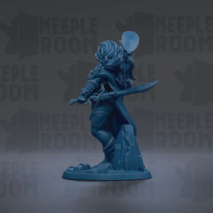 A blue figurine of a warrior standing on a rock, holding a sword and shield, against a dark background with repeated text.