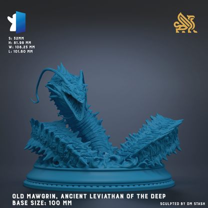 The image is a 3D rendering of a blue, ancient-looking creature resembling a mythical sea monster or sea dragon. The creature has a long, coiled body and sharp teeth, giving it a fierce appearance. The creature is displayed on a blue base, which is described as a 100-mm base size. The image is a 3D model of the creature, and it is not a collage of multiple images. The image does not contain any text, and the description does not include any redundancy or vague wording.