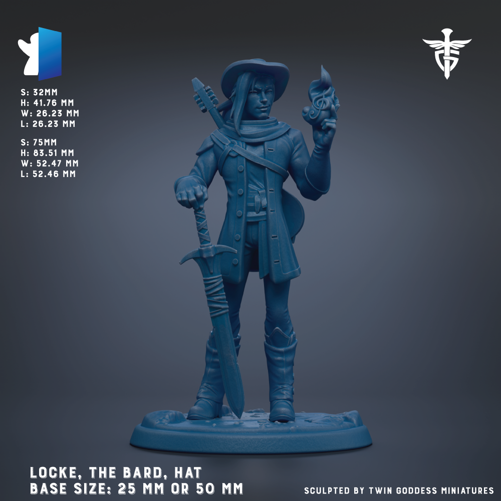 A figurine of a character named Locke, the Bard, wearing a hat and holding a sword.