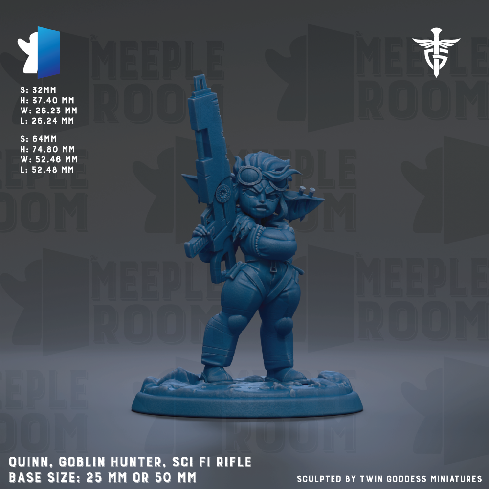 A blue figurine of a female character holding a sci-fi rifle, standing on a base. The figurine is described as a "Quinn, Goblin Hunter, sci Fi rifle" and is shown in various sizes, including 25mm and 50mm. The image is a collage of multiple images, and the phrase "Sculpted by Twin Goddesses miniatures" is mentioned at the bottom.