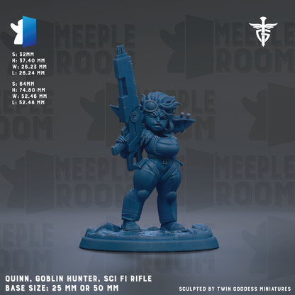 A blue figurine of a female character holding a sci-fi rifle, standing on a base. The figurine is described as a "Quinn, Goblin Hunter, sci Fi rifle" and is shown in various sizes, including 25mm and 50mm. The image is a collage of multiple images, and the phrase "Sculpted by Twin Goddesses miniatures" is mentioned at the bottom.
