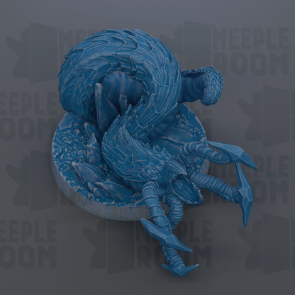 A 3D rendering of a blue, fantastical creature with intricate, textured patterns and features, including a curled body and sharp, angular limbs.