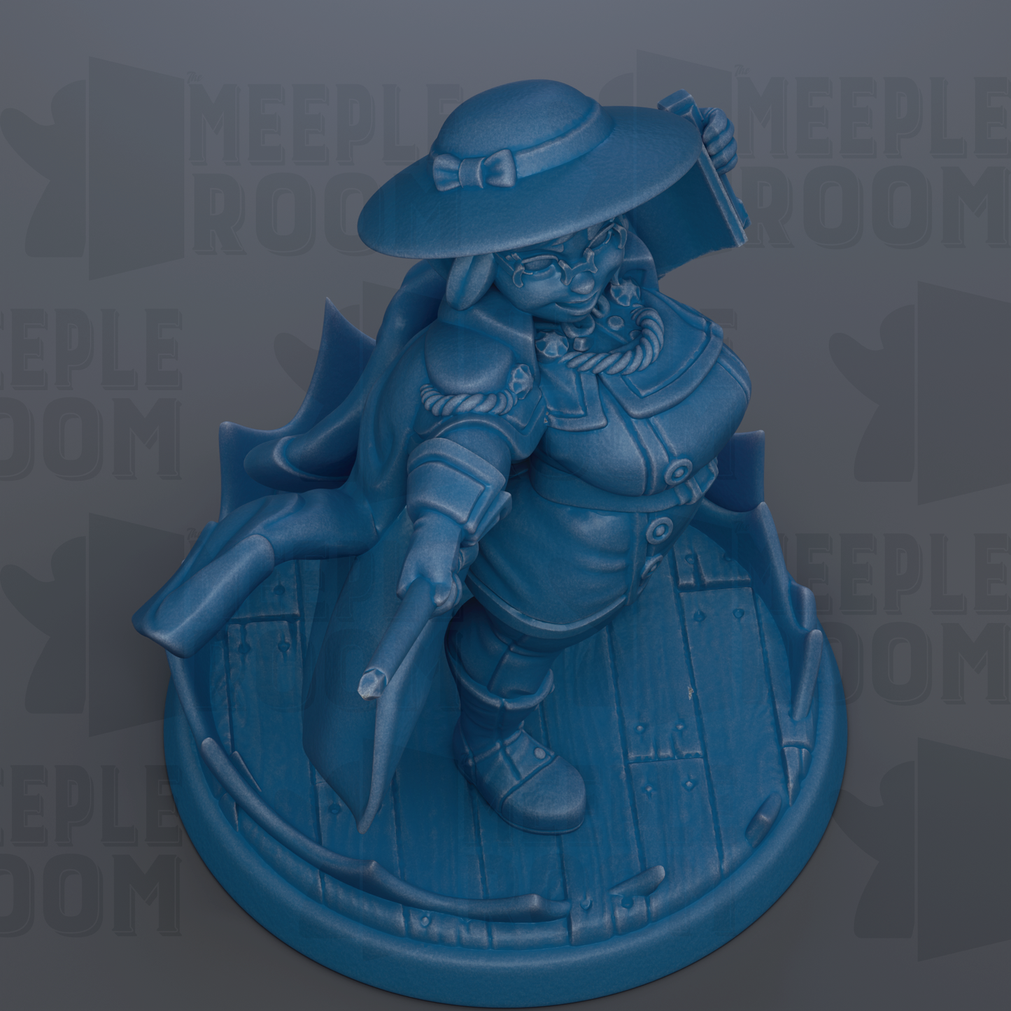 A blue figurine of a character with a hat and a book in their hand, standing on a wooden base.