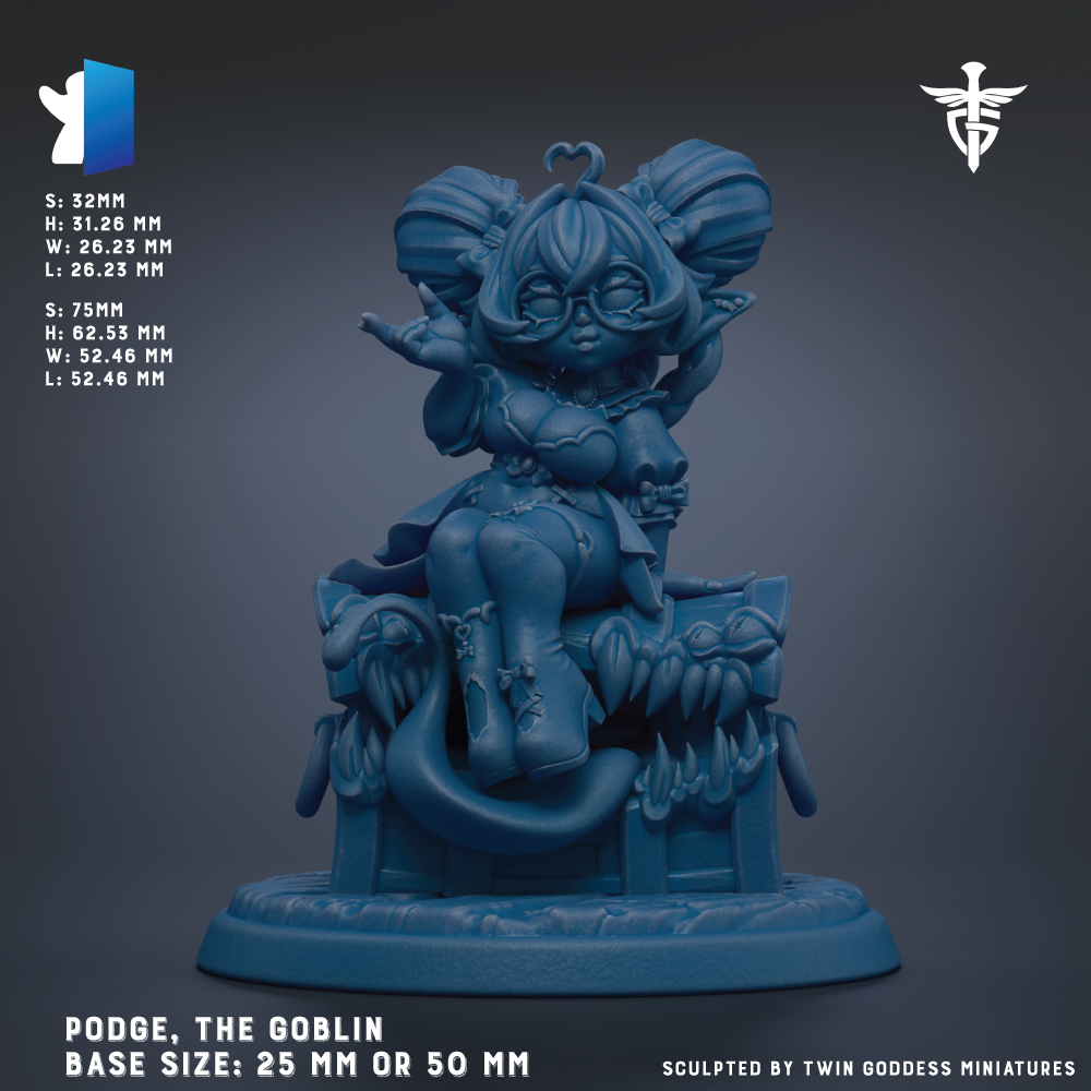 The image is a 3D rendering of a figurine of a character named Podge, the Goblin, which is a character from the video game Podge: The Goblin. The figurine is depicted in a blue color and is shown in a dynamic pose, sitting on a platform. The base size of the figurine is either 25 mm or 50 mm, depending on the perspective. The image is a 3D rendering of the character, and it is not a photograph or a painting.