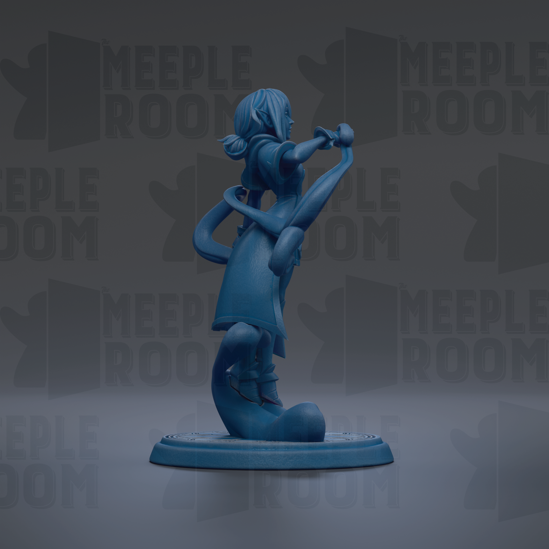 A blue figurine of a person standing on one leg, with the text "MEEPLE ROOM" repeated in the background.