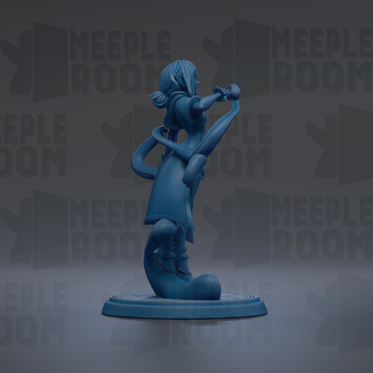 A blue figurine of a person standing on one leg, with the text "MEEPLE ROOM" repeated in the background.