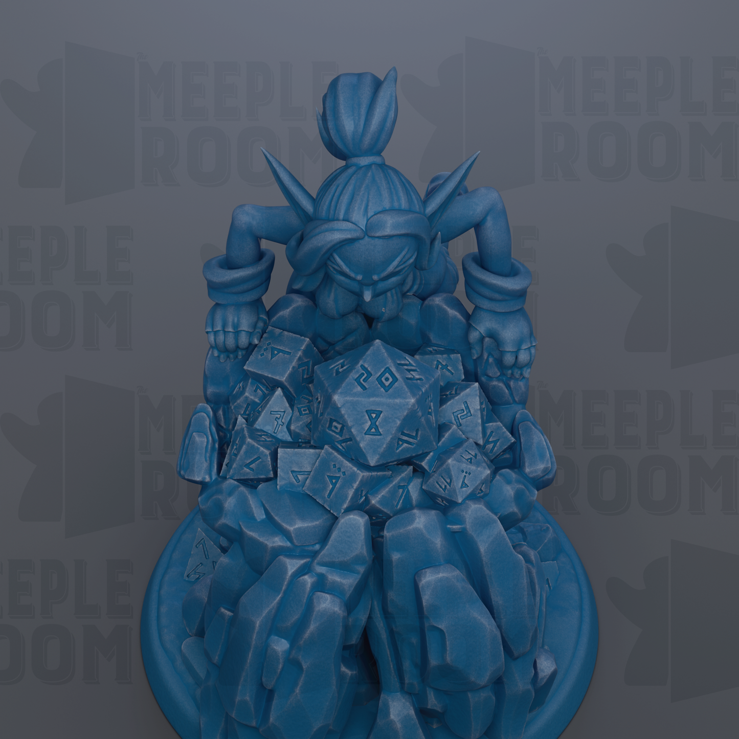 A blue figurine of a character with a large head and arms, surrounded by various objects, including dice and rocks, against a dark background with repeated text.