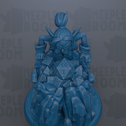 A blue figurine of a character with a large head and arms, surrounded by various objects, including dice and rocks, against a dark background with repeated text.