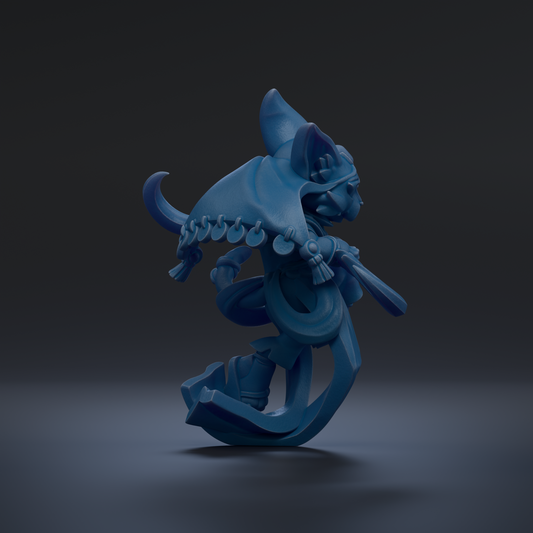 A blue, 3D-rendered character with a pointed hat and a sword, standing on one leg against a dark background.